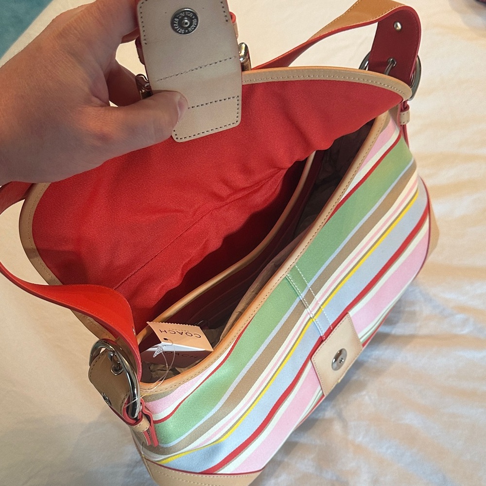 Coach Pastel Stripe Canvas Shoulder Bag with Coral Strap - Picture 3 of 4
